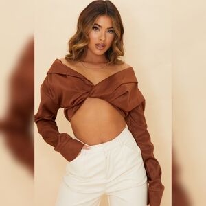 Chocolate satin bardot twist top